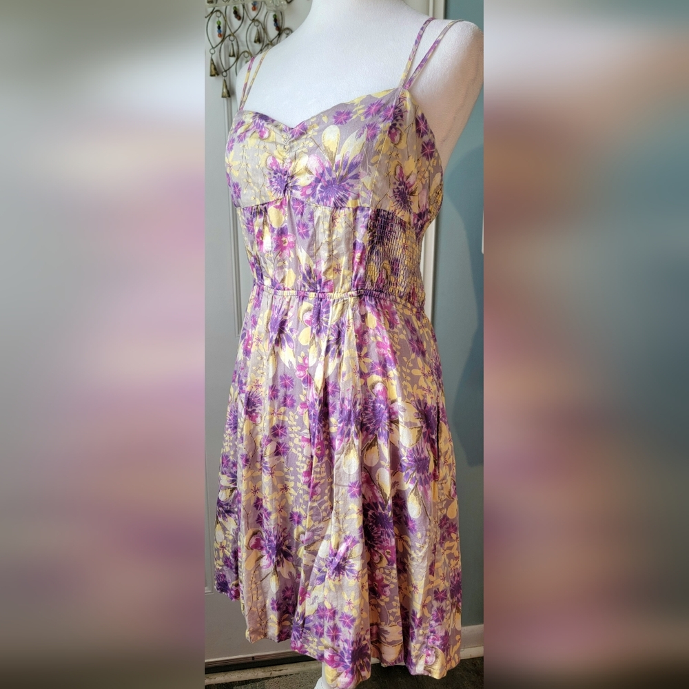 90s Y2K Vintg Free People Floral Sundress Womens 10 Taupe Purple Yellow Smocked